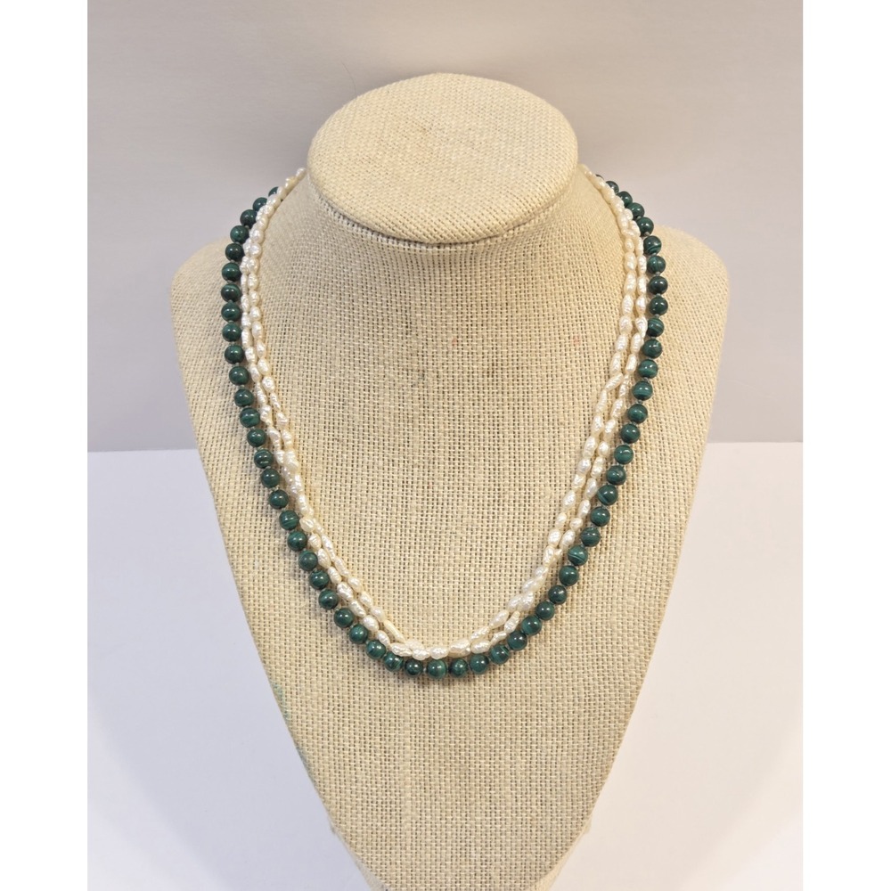 Vintage Triple Strand Hand Knotted Rice Pearl & Malachite 18" Necklace 14k GF